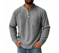 Corduroy shirts Henley collar Men's Waffle Sweatshirt with Pocket V-Neck Button Up Flap Pockets Casual Plain Wrinkle-Free Light Gray 3XL