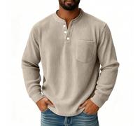 Corduroy shirts Henley collar Men's Waffle Sweatshirt with Pocket V-Neck Button Up Flap Pockets Spring Solid Color Cozy Khaki XL