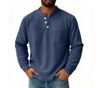 Corduroy shirts Henley collar Men's Waffle Sweatshirt with Pocket V-Neck Button Up Flap Pockets Work Wear Plain Wrinkle-Free Navy 3XL