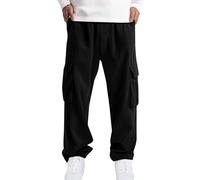 Corduroy Trousers Men Multi Pockets Cargo Trousers Soft Cozy Long Trouser Wide Leg Pants for Men UK Straight Relaxed Elastic Wasit Drawstring Sweatpants Solid Color Comfy Baggy Trouser Black