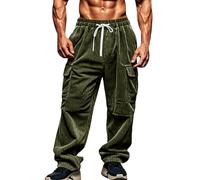 Corduroy Trousers Men with Pockets Elastic Waist Cargo Pants Straight Wide Leg Work Trouser Solid Colour Casual Bottoms Baggy Loose Fit Bottom Mens Lounge Wear Plus Size