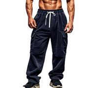 Corduroy Trousers Men with Pockets Elastic Waist Cargo Pants Straight Wide Leg Work Trouser Solid Colour Casual Bottoms Baggy Loose Fit Bottom Mens Lounge Wear Plus Size