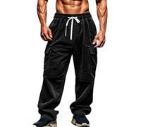 Corduroy Trousers Men with Pockets Elastic Waist Cargo Pants Straight Wide Leg Work Trouser Solid Colour Casual Bottoms Baggy Loose Fit Bottom Mens Lounge Wear Plus Size