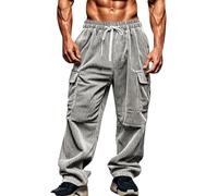 Corduroy Trousers Men with Pockets Elastic Waist Cargo Pants Straight Wide Leg Work Trouser Solid Colour Casual Bottoms Baggy Loose Fit Bottom Mens Lounge Wear Plus Size