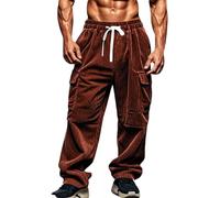 Corduroy Trousers Men with Pockets Elastic Waist Cargo Pants Straight Wide Leg Work Trouser Solid Colour Casual Bottoms Baggy Loose Fit Bottom Mens Lounge Wear Plus Size