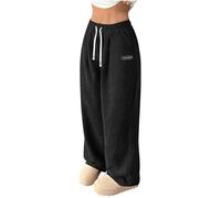 Corduroy Trousers Women Casual Pull On Wide Leg Trousers with Pockets & Drawstring Ladies Elasticated Waist Lounge Pants Full Length Gym Running Tracksuit Bottoms Activewear Pants Black