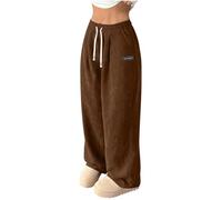 Corduroy Trousers Women Casual Pull On Wide Leg Trousers with Pockets & Drawstring Ladies Elasticated Waist Lounge Pants Full Length Gym Running Tracksuit Bottoms Activewear Pants Brown