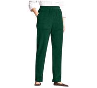 Corduroy Trousers Women Elastic Waist Pull On Cord Pants Straight Leg Relaxed Fit Winter Pants Stretchy Loose Lightweight Work Lounge Trousers with Pockets Blackish Green M