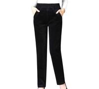 Corduroy Trousers Women Winter Warm - Fleece Lined Trousers Women Thermal Elastic Waist Cord Plain Casual Trousers Straight Leg Thermal Trousers Sweatpants Loungewear with Pockets Black
