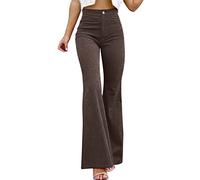Corduroy Trousers Women's Midi Waist Trousers Women's Trousers with Elastic Waist Straight Fashion Slim Fit Plain Casual Thick Thermal Winter Trousers Corduroy Trousers for Women, brown, L