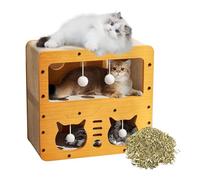 CORDYGLOW Wooden Cat House with 8-Sided Cat Scratcher and Hanging Ball Toy, 2 in 1 Cat Play House for Playing & Sleeping, Cat Hideaway Cat Scratcher Easy to Assemble