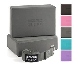 Core Balance Yoga Blocks Set Of 2 High Density EVA Foam with Adjustable Metal D Ring Cotton Strap (Grey)