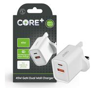 CORE + | Dual USB A + USB C Wall Charger Plug | Fast Charging With Quick Charge | Smartphone & Device Charging Plug | Charges two devices at once | Overload Protection | White (45W GaN Power)
