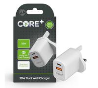 CORE + | Dual USB A + USB C Wall Charger Plug | Fast Charging With Quick Charge | Smartphone & Device Charging Plug | Charges two devices at once | Overload Protection | White (30W Power)