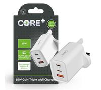 CORE + | Dual USB A + USB C Wall Charger Plug | Fast Charging With Quick Charge | Smartphone & Device Charging Plug | Charges two devices at once | Overload Protection | White (65W GaN Power)