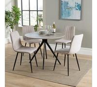 Core Products Aspen Grey Oak Effect 100Cm Round Dining Table With 4 Natural Fabric Straight Stitch Design Chairs