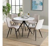 Core Products Aspen White 100Cm Round Dining Table With 4 Natural Fabric Diamond Stitch Design Chairs