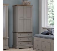 Grey Tall Solid Pine 2 Door Wardrobe With 3 Drawers Bedroom Storage Hanging Bar
