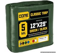 Core Tarp - Tarpaulin Waterproof Heavy Duty(105 g/m²|12′ X 25′ | 3.65m X 7.65m|Green/Black-5 Mil) UV Resistant, Tear Proof, Protective Poly Tarpaulin with Reinforced Edges for Multi-purpose usage