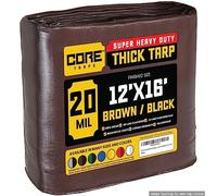 Core Tarp - Tarpaulin Waterproof Heavy Duty(305 g/m²|12′ X 16′ | 3.65m X 4.85m|Brown/Black-20 Mil) UV Resistant, Tear Proof, Protective Poly Tarpaulin with Reinforced Edges for Multi-purpose usage