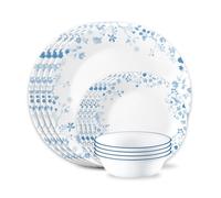 Corelle 12-Piece Vitrelle Glass Garden Song Chip and Break Resistant Dinner Set, Service for 4, Blue