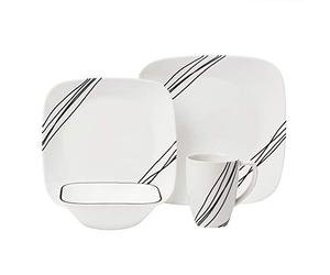 Corelle 16-Piece Vitrelle Glass Simple Sketch Chip and Break Resistant Dinner Set, Service for 4, Black