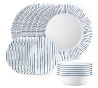 Corelle 18-Piece Dinnerware Set, Service for 6, Lightweight Round Plates and Bowls Set, Vitrelle Triple Layer Glass, Chip Resistant, Microwave and Dishwasher Safe, Nautical Stripes, Blue