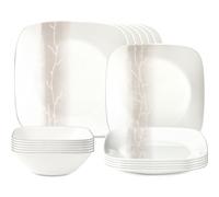 Corelle Vitrelle 18 Piece Glass Dinnerware Sets, Rectangular Square Plate and Bowl Set Service for 6, Triple Layer Chip & Crack Resistant Glass Plate and Bowl Sets, Wandering Grove