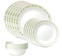 Corelle Vitrelle 18 Piece Glass Dinnerware Sets, Service for 6, Triple Layer Chip & Crack Resistant Glass Plate and Bowl Sets, Spring Blossom Green