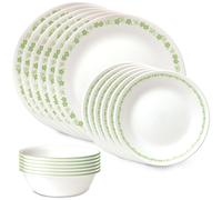 Corelle Vitrelle 18 Piece Glass Dinnerware Sets, Service for 6, Triple Layer Chip & Crack Resistant Glass Plate and Bowl Sets, Spring Blossom Green