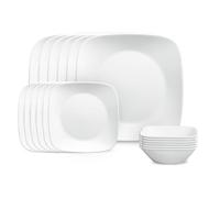 Corelle Vitrelle 18-Piece Service for 6 Square Dinnerware Set Triple Layer Glass and Chip Resistant, Lightweight Square Plates and Bowls Set, Pure White