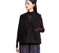 CORETIC Women Vintage Cotton Linen Vest Lace-up Warm Cotton Padded Sleeveless Jacket Quilted Gilet with Pockets, Black, One size