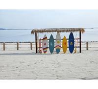 CORFOTO 1.5x1.2m Fabric Beach White Sand Aloha Surfboards Straw Hut Calm Sea Backdrop Tropical Summer Surf Portrait Photography Background Photo Booth