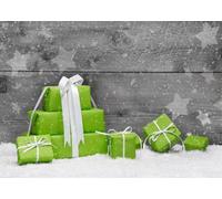 CORFOTO 1.5x1.2m Fabric Stacked Green Gift Boxes White Ribbon Wood Wall Artificial Snow Star Bokeh Backdrop Xmas Studio Portrait Photography Background Photo Booth