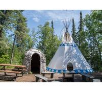 CORFOTO 1.5x1.2m Indigenous Cultural Camp Backdrop Fabric White Teepee and Birchbark Wigwam Pine Forest Pattern Native Heritage Theme Background for Cultural Events and Photo Booths