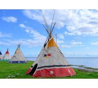 CORFOTO 1.5x1m Aboriginal Teepees Backdrop Traditional Native American Teepee Photography Background Meadow Lake Blue Sky Backgrounds Party Decor Photo Booth Studio Prop Banner