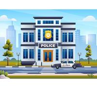 CORFOTO 1.5x1m Cartoon Police Department Backdrop Police Station Backdrop SWAT Cop Car Blue Sky Clouds Police Theme Photography Background Boy Man Birthday Party Baby Shower Photo Booth