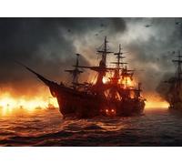 CORFOTO 1.5x1m Fabric Burning Pirate Ship at Sea with Fiery Explosions Stormy Sky and Rough Waves Backdrop for Adventure Nautical Cosplay Photography Background