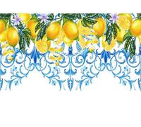 CORFOTO 1.5x1m Fabric Watercolor Yellow Lemon Fruit Blue Scroll Iron Ornament White Blank Bottom Backdrop Mediterranean Lemon Decor Photography Background for Flat Lay Product Photo Booth