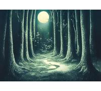 CORFOTO 1.5x1m Full Moon Shines Forest Backdrop Fairy Tale Misty Deep Green Trees Pathway Background Gloomy Forest Halloween Decor Backdrop Halloween Magic Forest Backdrop Photo Props