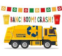 CORFOTO 1.5x1m Garbage Truck Backdrop Recycle Bin Garbage Can Theme Photography Backdrop Garbage Truck Party Backdrop Birthday Party Photography Backdrop Cake Table Banner