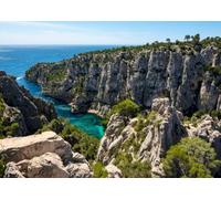 CORFOTO 1.8x1.2m Fabric Calanques Coastal Limestone Cliffs Turquoise Sea Pine Green Bushes Bright Clear Blue Sky Backdrop French Mediterranean Cliff Landscape Photography Background