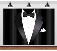 CORFOTO 1.8x1.2m Fabric Striped Tuxedo Backdrop Black Tuxedo White Bow Tie Suit Gentleman Birthday Backdrops Tuxedo Photo Background Party Decorations Men Father's Day Photoshoot Props