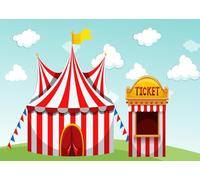 CORFOTO 1.8x1.2m Red Circus Tent Backdrop Big Top Carnival Themed Birthday Party Photo Background Cartoon Park Grass Sky Cloud Carnival Photo Booth Banner Decorations