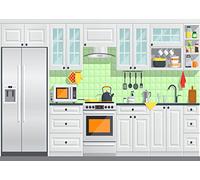 CORFOTO 10x8ft Fabric Cartoon Kitchen Backdrop Refrigerator Kitchenware Oven Refrigerator Cooking Baking Photo Props Photography Background Newborn Baby Shower Kids Birthday Party Photo Booth Props