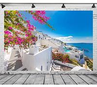 CORFOTO 12x10ft Fabric Blue Sea Santorini Island Backdrop Greece White Architecture Oia Luxury Resort Photography Background for Mamma Mia Party Decorations Gr irthday Party Decor Kids Photo