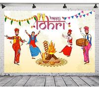 CORFOTO 12x8ft Fabric Happy Lohri Festival Backdrop Cartoon Indian People Punjabi Religious Holiday Background for Harvesting Festival Party Decorations Banner Kids Adults Photo Props