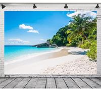 CORFOTO 15x8ft Fabric Island Beach Backdrop Summer Luau Palm Trees Tropical Beach Background Sea View Seaside Scene Photography Background for Holiday Party Decor Kids Adults Family Portraits