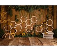 CORFOTO 2.1x1.5m Bee and Sunflower Background Farm Honeycomb Backdrop Wooden Wall Floor Beehive Bee Photography Background Kids Birthday Baby Shower Photo Booth Props