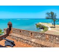 CORFOTO 2.1x1.5m Fabric Ancient Coastal Stone Fort Old Iron Cannon Watchtower Bright Turquoise Tropical Sea Clear Blue Sky Backdrop Caribbean Historic Fort Portrait Photography Background